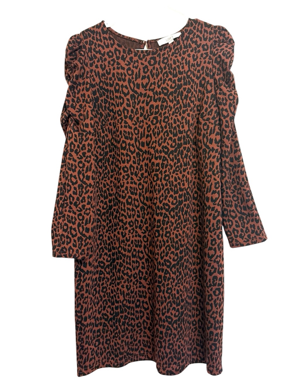 2/$30 LOFT Leopard Print Puff Long Sleeve Shift Dress Brown Black Size Large